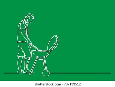 one line drawing of man grilling barbecue