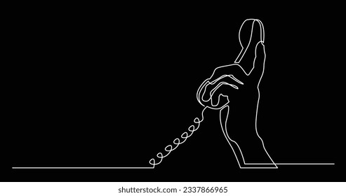 one line drawing of man hand reaching phone to answer phone call with copy space