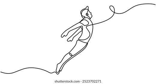 One line drawing of a man in a hat leaping. A minimalist design showcasing motion and enthusiasm. Vector illustration.