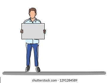 one line drawing of man holding blank sign