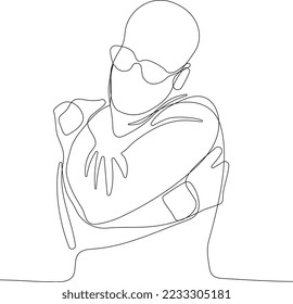 one line drawing of man hugging him self vector minimalism. Single hand drawn continuous of man. Vector illustration