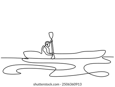 Dibujo de una línea de un hombre en kayak. Arte de línea continua de un deporte de barco, ilustración de diseño minimalista.