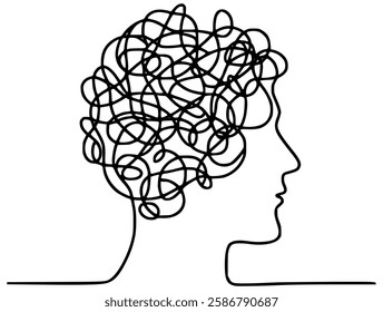 one line drawing man with messy thought mental health problem vector illustration template design