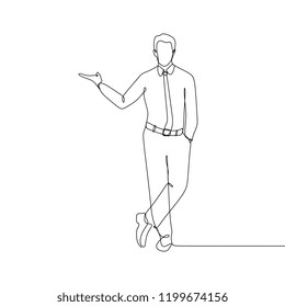 One line drawing of a man offer something. Handsome male person wearing formal clothing and tie vector illustration.