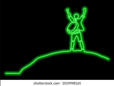 one line drawing of man on the top of the world with neon vector effect