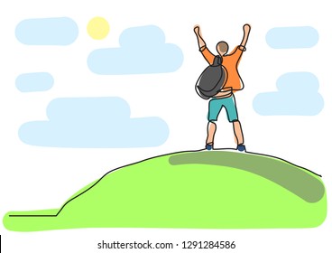 one line drawing of man on the top of the world
