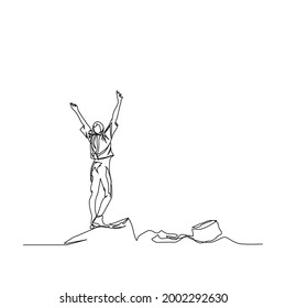 dibujo de una línea de un hombre en la parte superior de una roca levantando manos
