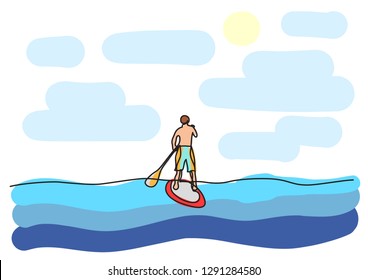 one line drawing of man paddling on water