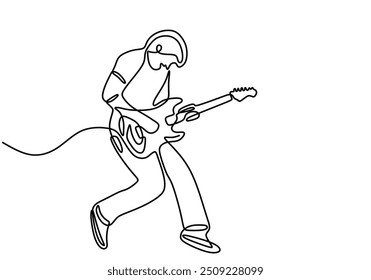 One line drawing of a man playing an electric guitar. Music soul concept with an attractive illustration isolated on a white background.