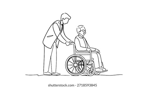 Dibujo de una línea de un hombre empujando a un anciano en silla de ruedas. Ayuda a personas mayores y discapacitadas