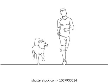 one line drawing of man running with dog