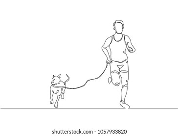 one line drawing of man running with dog
