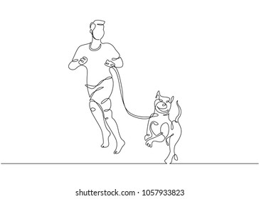 one line drawing of man running with dog
