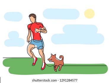 one line drawing of man running with dog