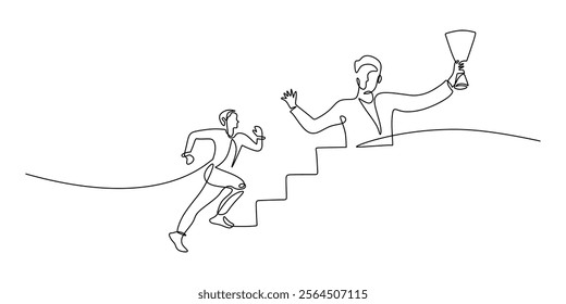 One line drawing of a man running up stairs and another holding a trophy. Representing hard work, perseverance, and the triumph of success. Vector illustration minimalist hand drawn.