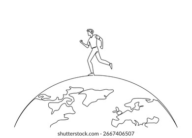 Um desenho de uma linha de um homem correndo em cima do globo, honrando o Dia Global da Corrida como um símbolo de força, fitness e unidade internacional em um conceito de esporte inspirador.
