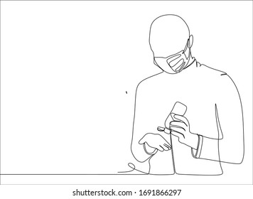 One line drawing of a man is sanitizing hands with gel