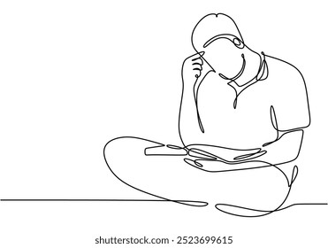 Um desenho de linha de um homem sentado enquanto lê. Retratando a alegria de mergulhar na literatura. Ilustração vetorial.