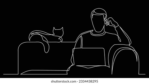 one line drawing of man sitting on sofa with cat with laptop working from home