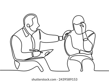 one line drawing of man sitting at the reception of a male psychologist