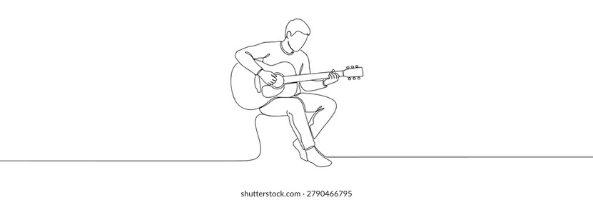 One line drawing of man sitting and playing acoustic guitar minimalist style