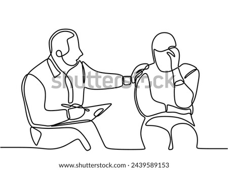 one line drawing of man sitting at the reception of a male psychologist