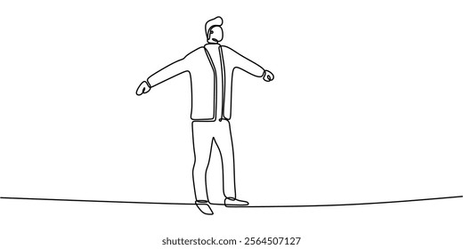 One line drawing of a man spreading his arms wide Person Balancing on a Tightrope. Expressing freedom, openness, positivity, and the joy of embracing life. Vector illustration minimalist hand drawn.