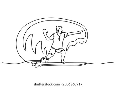 One line drawing of a man surfing. Continuous line art illustration of a surfer on the beach.