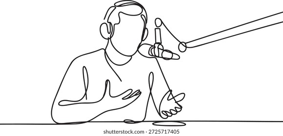 Um desenho de um homem falando. Podcast host de arte de linha contínua. Entrevistador falando em esboço de microfone. Esquema de transmissão de rádio. Conceito de comunicação. Estilo de linha única.