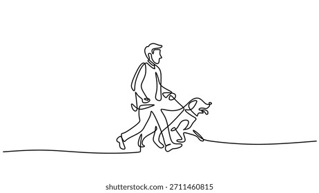 One line drawing a man walking a dog, a symbol of friendship and care in continuous single line art, an active outdoor lifestyle with a pet. Outline vector illustration editable stroke.