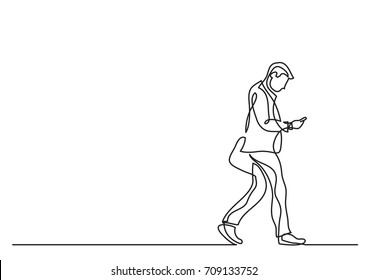 One Line Drawing Of Man Walking With A Phone