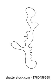 One Line Drawing Man and Woman Faces. Couple Kissing Profiles in Sketch Art Style, Continuous Line Draw Heads, Single Outline Vector Illustration