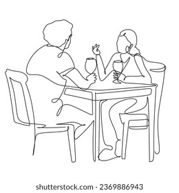 One line drawing. A man and a woman have lunch in a restaurant.
Fashionable couple style.