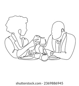 One line drawing. A man and a woman have lunch in a restaurant.
Fashionable couple style.