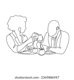 One line drawing. A man and a woman have lunch in a restaurant.
Fashionable couple style.