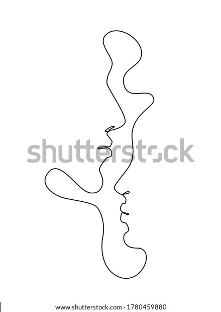 One Line Drawing Man And Woman Faces Couple Kissing Profiles In Sketch Art Style Continuous 