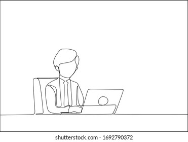 One line drawing of a man is working with his laptop