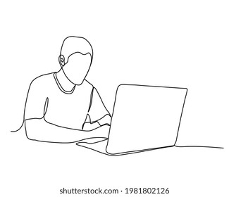 One line drawing of a man working with a laptop at the table. Trendy one line draw design graphic vector illustration.