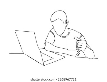 One line drawing of a man working with a laptop at the table. Trendy one line draw design graphic vector illustration.