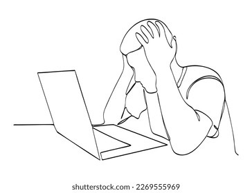 One line drawing of a man working with a laptop at the table. Tired person man work on laptop. Trendy one line draw design graphic vector illustration.