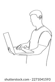 One line drawing of a man working with a laptop. Trendy one line draw design graphic vector illustration.