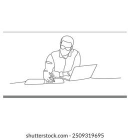 Um desenho de linha de um homem trabalhando com um laptop na mesa. Desenho de uma linha na moda ilustração de vetor gráfico.