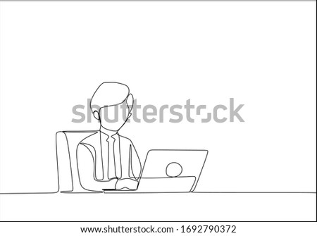 One line drawing of a man is working with his laptop