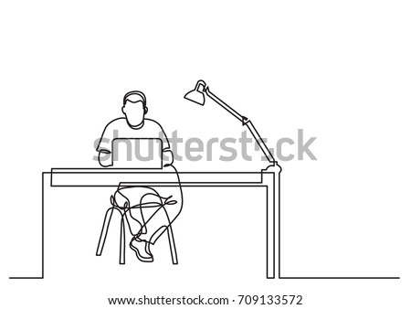 one line drawing of man working with laptop computer behind desk