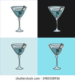 One line drawing martini glass on various background. Four types of images. Colored cartoon graphic sketch. Continuous line way. Hand drawn party drinks concept. Freehand drawing style. Vector.