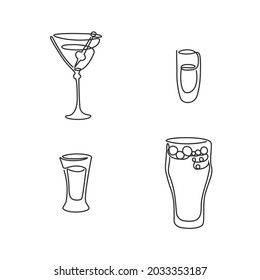 One Line Drawing Martini Rum Tequila Beer Glass On White Background. Set Objects. Black White Cartoon Graphic Sketch. Continuous Line Way. Hand Drawn Party Drinks Concept. Freehand Drawing Style.
