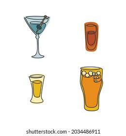 One line drawing martini rum tequila beer glass on white background. Colored cartoon graphic sketch. Continuous line way. Hand drawn party drinks concept. Freehand drawing style. Vector.