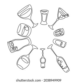 One line drawing martini rum red wine liquor champagne tequila beer whiskey vermouth vodka glass on white background. Objects are arranged around the circle. Hand drawn continuous line way. Vector.