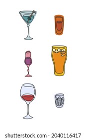 One line drawing martini rum liquor beer red wine vodka glass on white background. Colored cartoon graphic sketch. Continuous line way. Hand drawn party drinks concept. Vector freehand drawing style.
