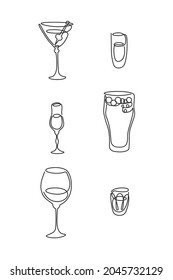 Una línea dibujando vidrio martini ron licor de vino de cerveza vodka sobre fondo blanco. Esbozo gráfico de dibujos animados en blanco negro y manos libres. La mano trazó una línea continua. Vector.